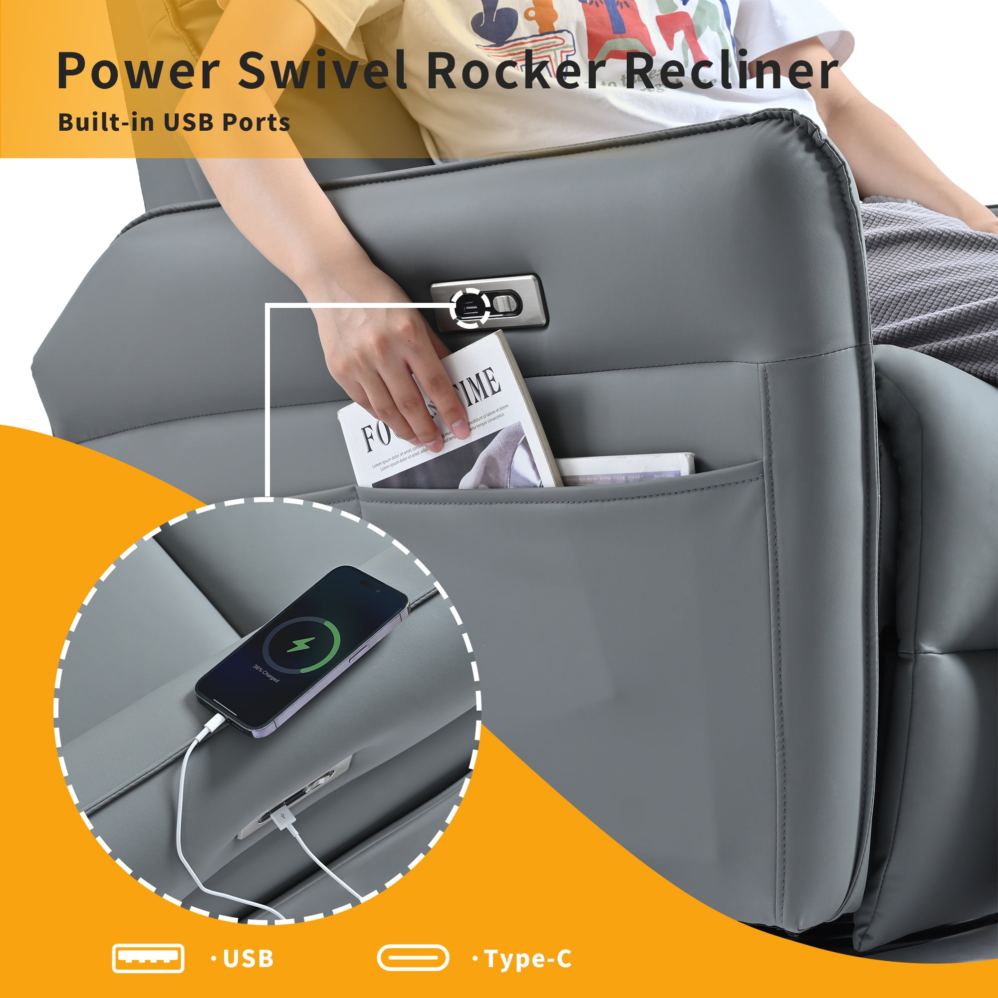 Bellemave Power Swivel Rocker Recliner, 270° Glider Recliner with USB Ports, Overstuffed Faux Leather Rocking Chair for Small Spaces Living Room (Blue Gray)