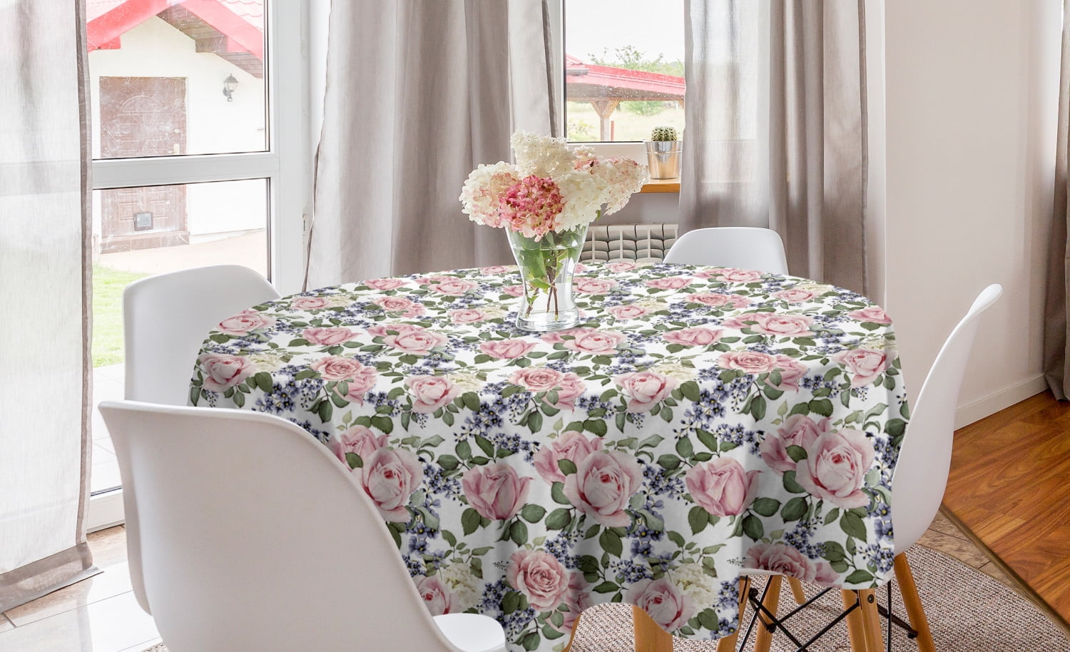 Rose Round Tablecloth, Flourishing Pink Roses with Tender Spring Summer