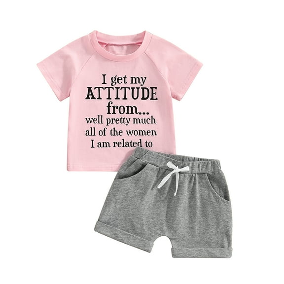 PaerPade Short Sleeve Letter Print Top Drawstring Shorts Outfit Set (Little Girls)