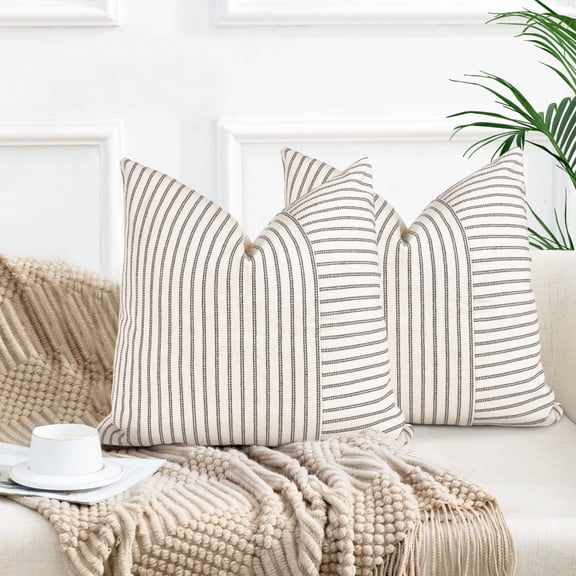 Farmhouse Pillow Covers 22x22, Modern Accent Square Throw Pillow Covers Set of 2, Gray and Beige Striped Patchwork Linen Decorative Pillows Cushion Covers for Couch Chair Bedroom Fall Decorations