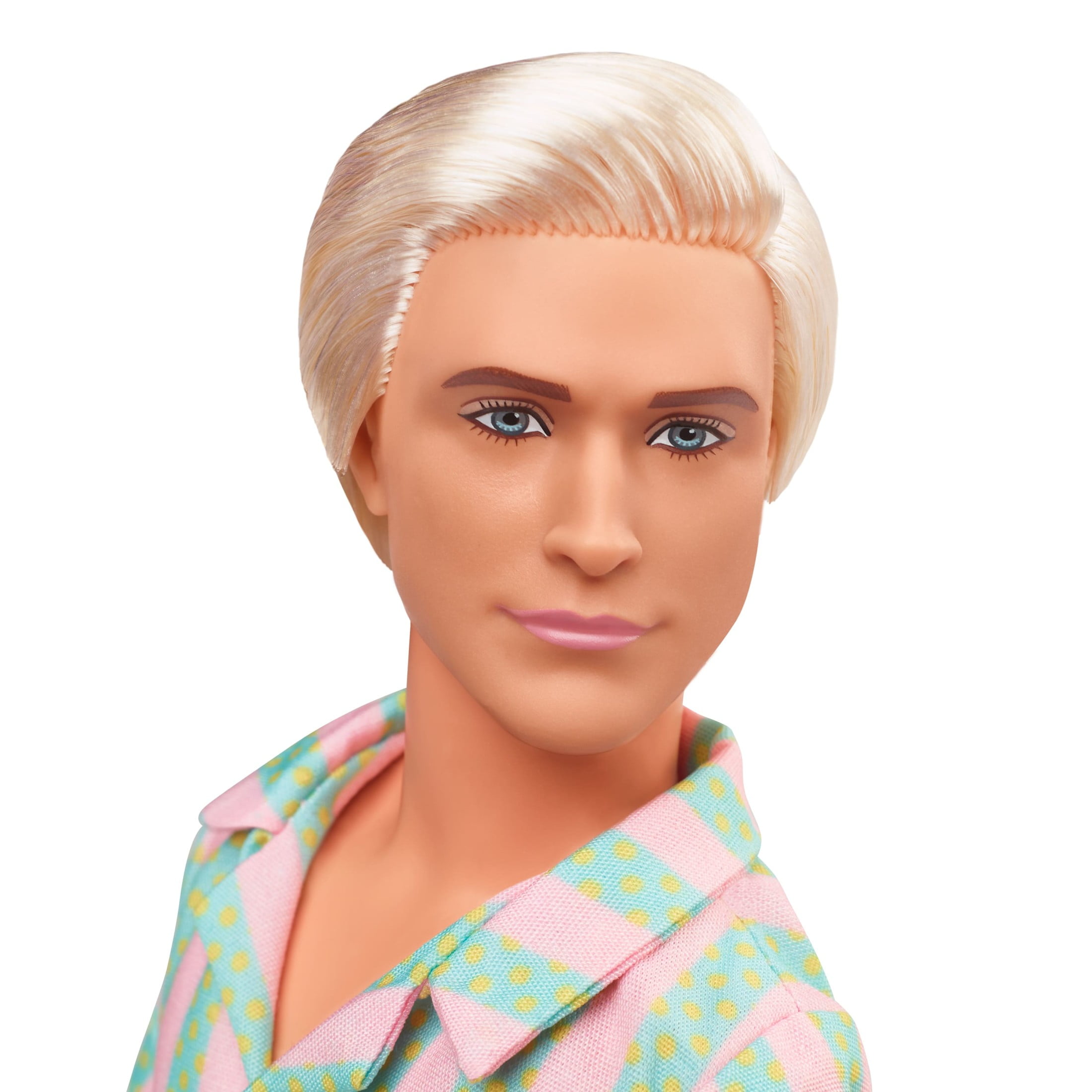 Barbie The Movie Ken Doll Wearing Pastel Pink and Green Striped Beach Matching Set with Surfboard
