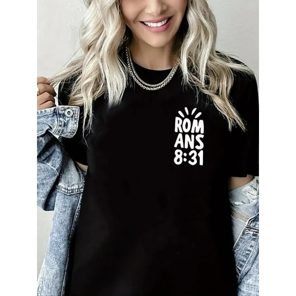 Women Christian T-Shirt Rom Ans 8:31 Graphic Shirt Casual Loose Short Sleeve Crew Neck Top