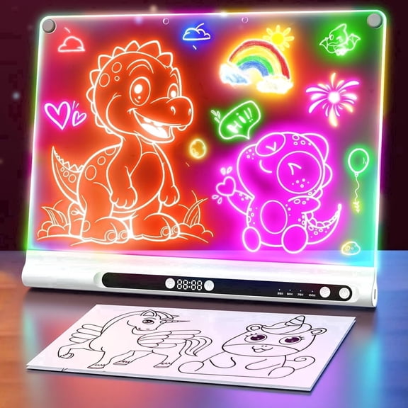 UKEXE 16" Rechargeable LED Drawing Board for Kids, 9 Neon Colors, Built-in Timer & Stand,with 6 Markers, Christmas & Birthday Gifts for Boys and Girls Ages 4-12(White)