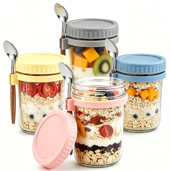 4Pcs 12oz Overnight Oats Containers Jars with Lids and Spoon, Colorful Glass Mason Jars, Leakproof Meal Prep Containers for Milk, Cereal, Fruit, Salad, Yogurt, Snacks