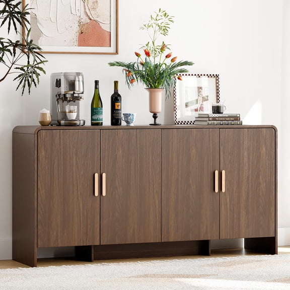60" Sideboard Buffet Cabinet with Storage & Adjustable Shelves, Farmhouse Curved Design Coffee Bar Cabinet with 4 Doors,Walnut
