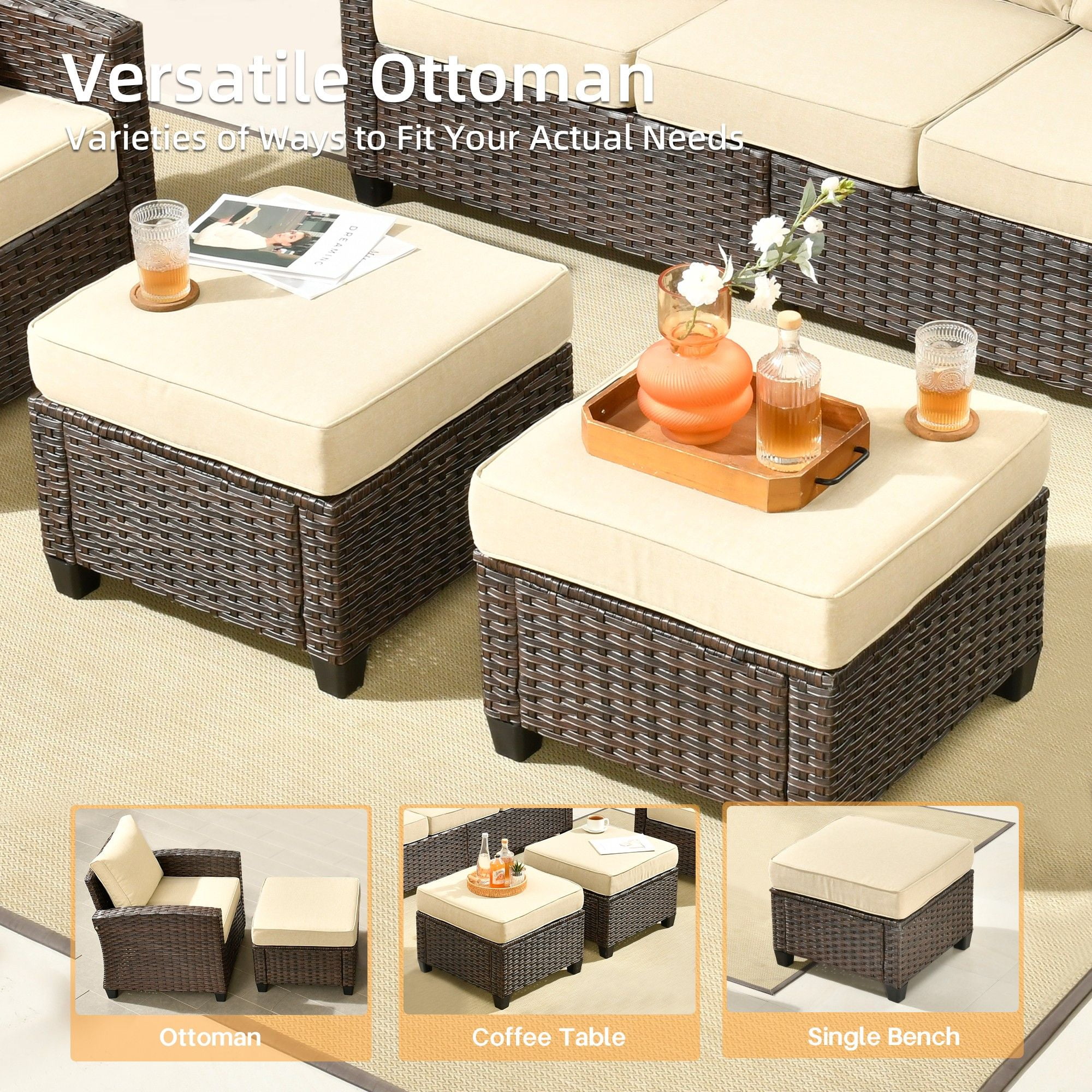 XIZZI 5 Pieces Wicker Patio Furniture All Weather Outside Seating Set High Back Rattan Outdoor Conversation Set with Cushion Ottoman for Balcony, Beige