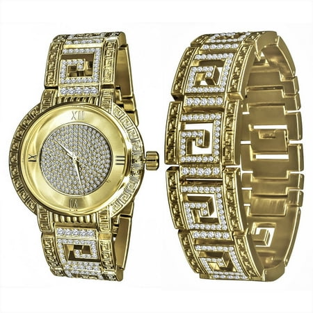 Diamond Watch Band Men's Iced Out Greek Style Watch Bracelet Set 14k Yellow Gold Tone Analog Custom Joe Rodeo Lab Diamonds ()