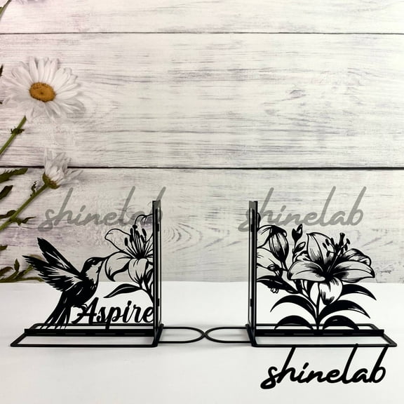 Shinelab Hummingbird Flower Metal Bookend Bird and Flower Name Bookend, Nature Decor for Bookshelf & Home 5369