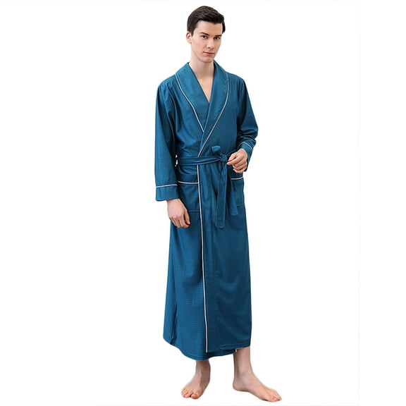 Waffle Knit Bathrobe Mens Full Length Kimono Robe with Pockets Shawl Collar Long Sleeve Lightweight Spa Bath Robes Blue, XXL