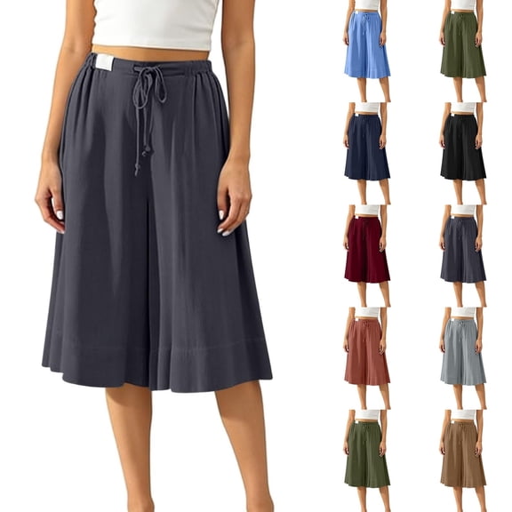Qingpeng Womens Drawstring High Waist Cotton Linen Capri Culottes Lightweight Loose Wide Leg Pants Summer Beach Casual Trousers