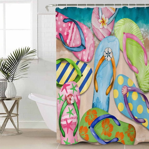 Colorful Flip Flops Small Stall Shower Curtain, Waterproof Shower Curtains for Bathroom, Summer Blue Beach Ocean Washable Fabric Cloth Bath Curtain for Bathtub Decoration with Hooks 36x72 Inches