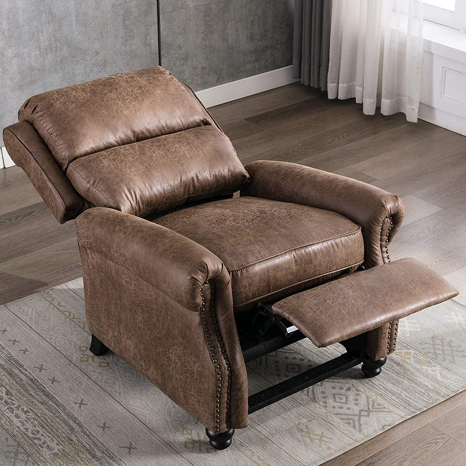 Bonzy Home Pushback Recliner Chair Leather Armchair Push Back Recliner with Nail Head Single Sofa Accent Chair for Living Room, Brown