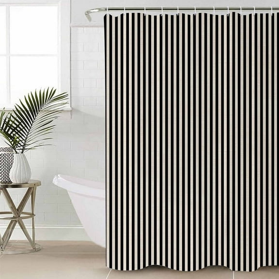 Black Striped Bathroom Curtain 72 Inch Shower Curtain with Hooks, Modern Simple Farmhouse Beige Vintage Waterproof Polyester Bath Curtain Washable Bathtub Curtain 60''x 72''
