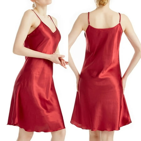 Hamky Womens Pajamas Womens Loungewear Women s Summer V Neck Strap Thin Slim Fit Solid Color Hanging Dress Nightgowns for Women Lingerie for Women Red M