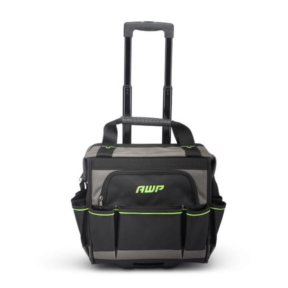 AWP Rolling 14 Inch Tool Bag with Telescoping Rubber Handle and Heavy-Duty Wheel, Water-Resistant Construction