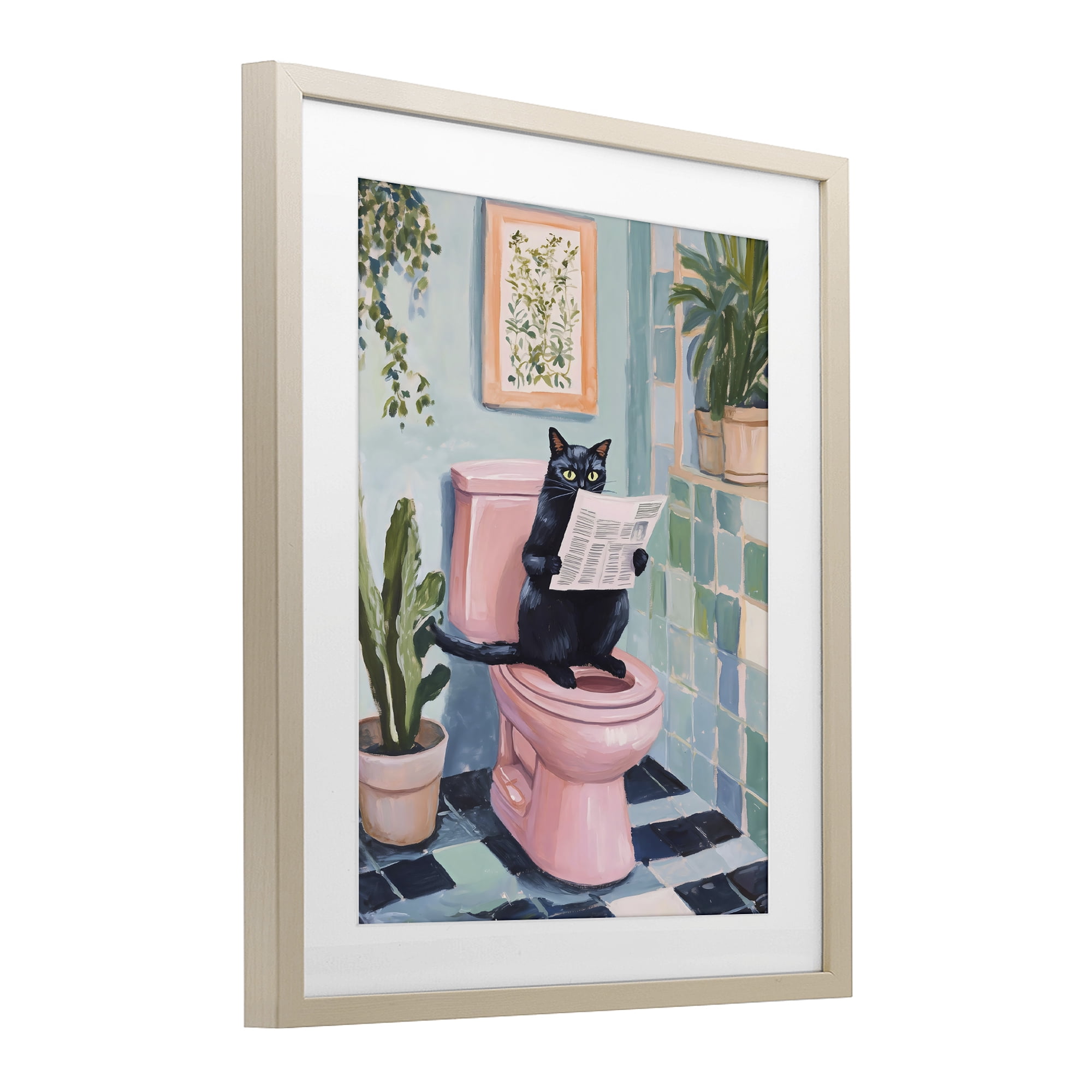 Stupell Industries Cat Reading on Pink Toilet Birch Framed Print Under Glass, design by The Prints Vibe