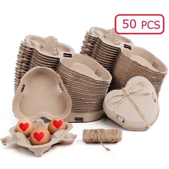 Strafriture 50Pcs Paper Pulp Egg Cartons Bulk, Heart Shape Egg Box Bulk for 3, Case Holder Containers with Jute Rope for Home Kitchen Baking Storage,Brown