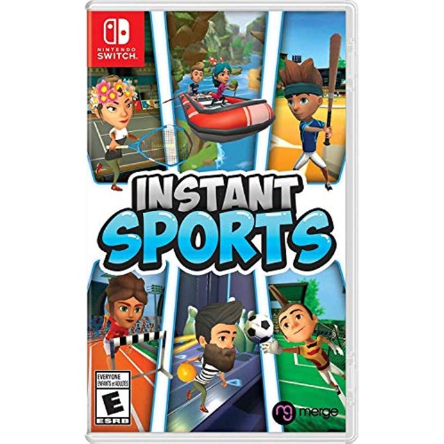 deportes instantáneos - nintendo switch carátula frontal con personajes caricaturescos practicando béisbol, tenis, boliche, rafting, salto de carrera y portero; gran título "INSTANT SPORTS", icono de Nintendo Switch en la esquina superior izquierda y logo Merge Games en la esquina inferior derecha.