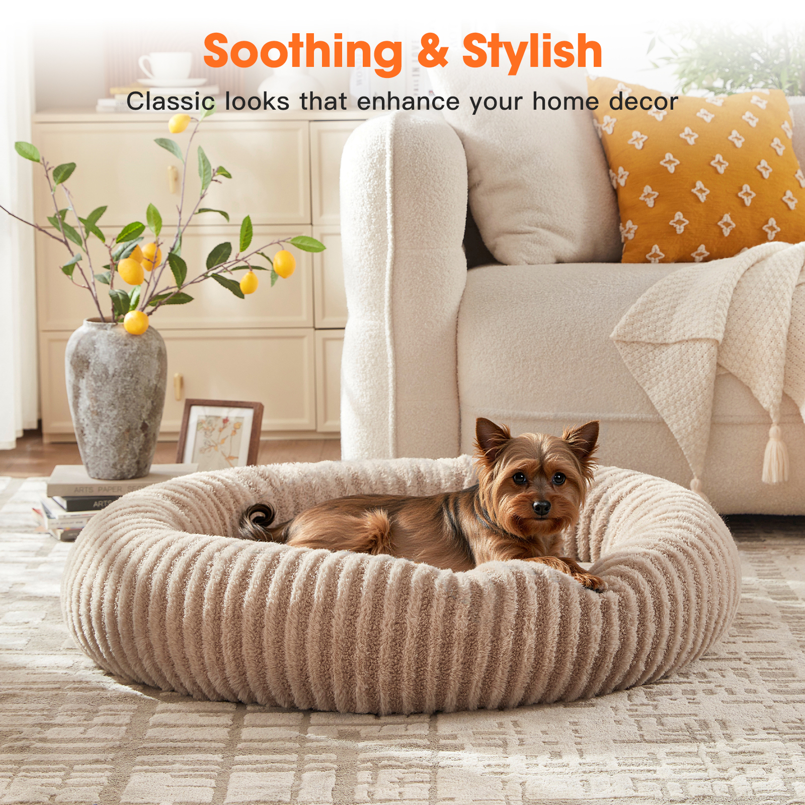 Calming Donut Dog Bed for Small Dogs and Cats, Washable with Removable Cover, Non-Slip Bottom, Soft Round Pet Bed, Beige, 30in