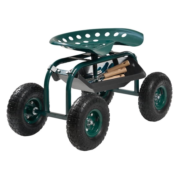 Dranite Outdoor Rolling Garden Cart with Swivel Seat, All-Terrain Wheels, Tool Tray & 300lb Capacity for Heavy-Duty Gardening and Yard Work