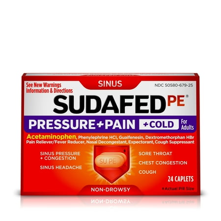 Sudafed PE Pressure + Pain + Cold Caplets, Sinus Congestion and Cold Symptoms Relief, 24 Count