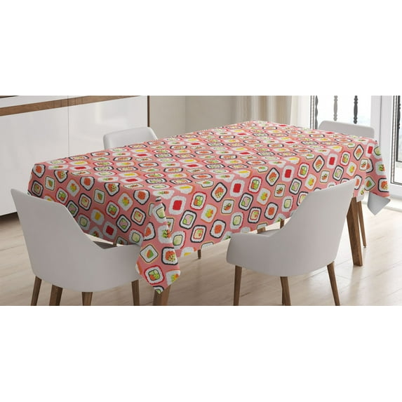 Sushi Tablecloth, Famous Food of Japan Yummy Dish with Salmon Sashimi Seafood Exotic Cuisine, Rectangle Satin Table Cover Accent for Dining Room and Kitchen, 60" X 84", Multicolour, by Ambesonne