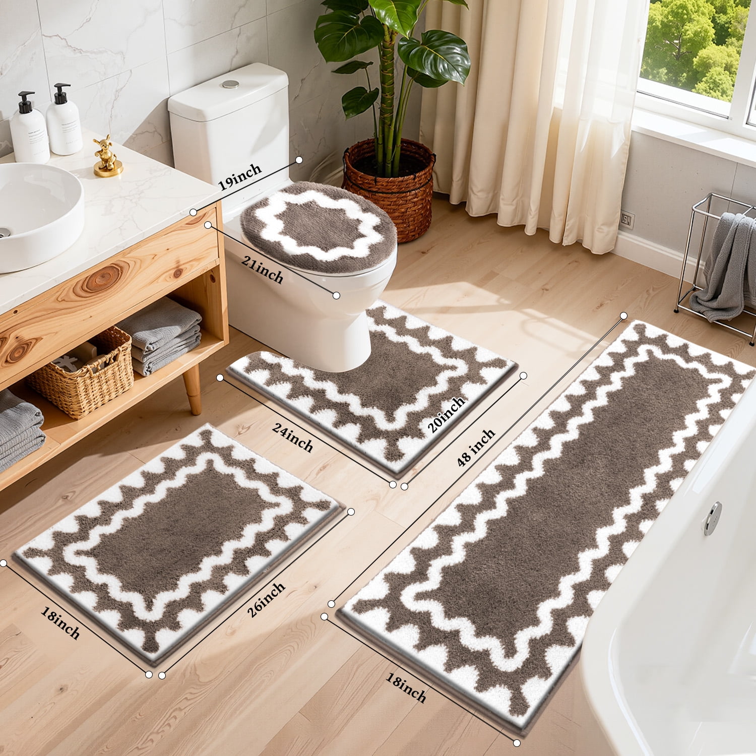 Findosom 4-Piece Bathroom Rugs Set,Non Slip Absorbent Bath Mat,Machine Washable Microfiber Quick Dry Bath Rug for Bathroom Bedroom Kitchen Shower Tub,Brown
