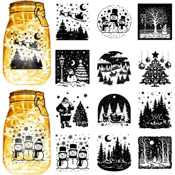 12Pcs Christmas Mason Jar Silhouette Laser Cut Cardboard Snowman Santa Claus Xmas Tree Black Die Cuts PVC Jars Scrapbook Decorations