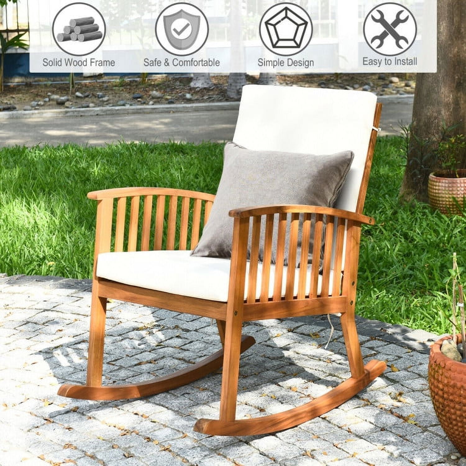 Aimee Lii Outdoor Rocking Chair with Cushion, Patio Wooden Rocker Chair for Lawn, Porch, Backyard, Indoor and Garden, White+Natural