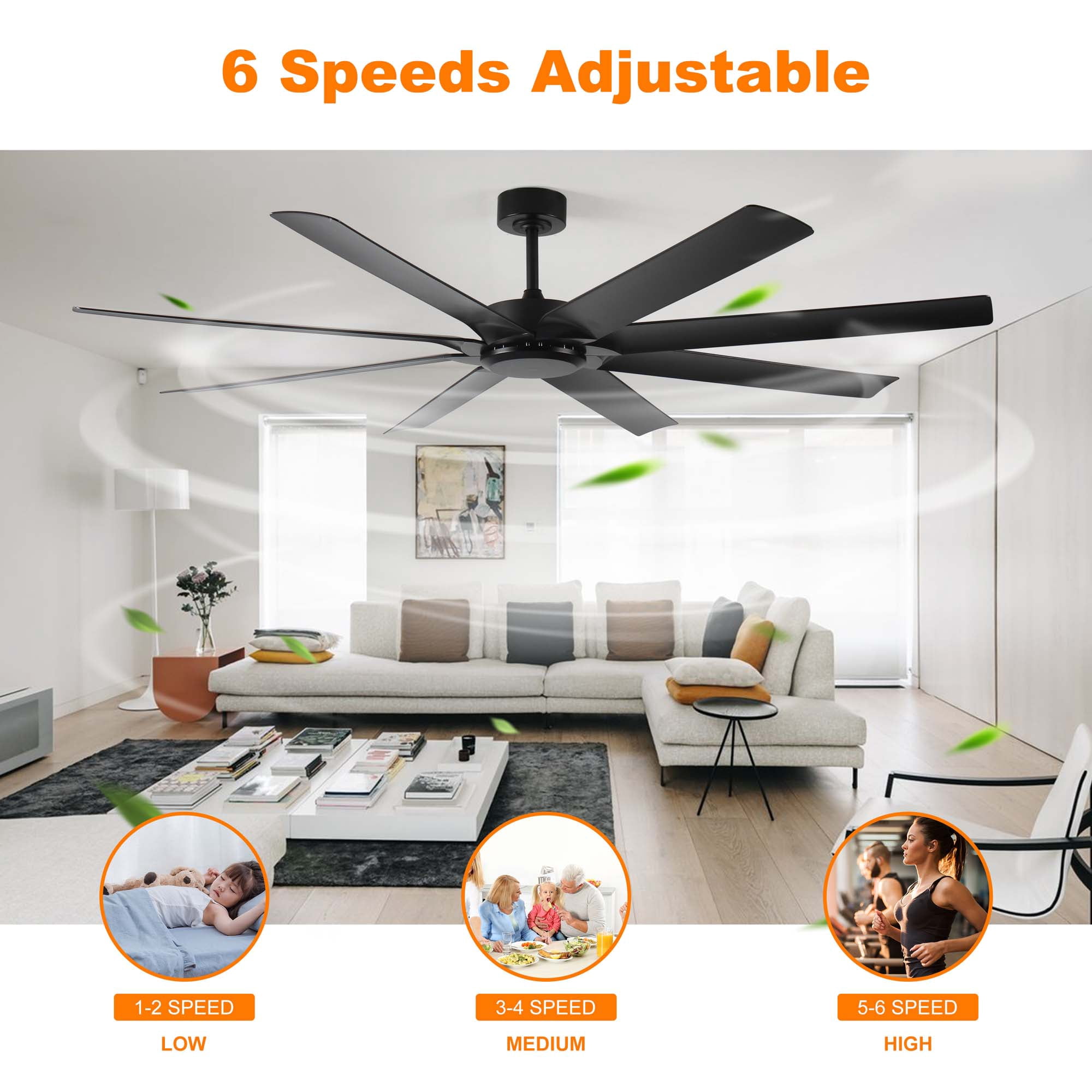 Miniyam 72 inch Ceiling Fans No Light with Remote Control, 8 Reversible Blade, Quiet DC Motor, Timer Function, 6-Speed, Industrial Ceiling Fan for Bedroom Home Kitchen (Black)