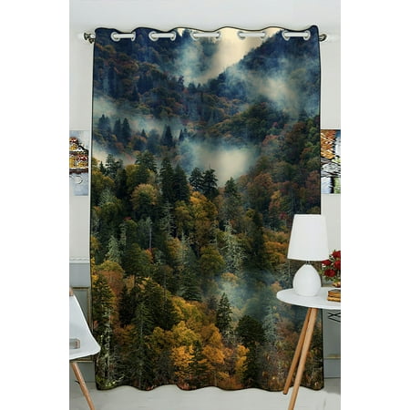 Mountain Blackout PHFZK Landscape Nature Scenery Window Curtain, Morning in Fog Mountains Colorful Trees Window Curtain Blackout Curtain For Bedroom living Room Kitchen Room 52x84 inches One Piece ()