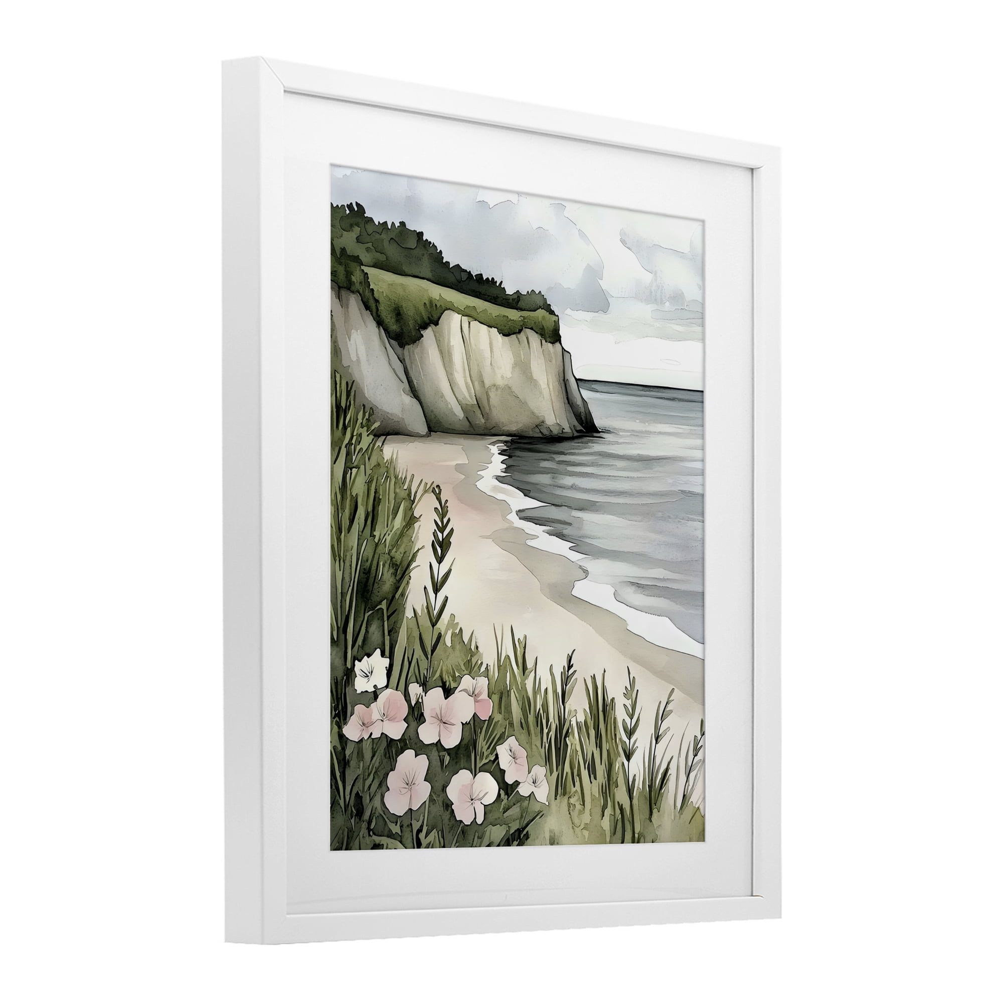 Stupell Industries Coastal Calm with Floral Blooms White Framed Print Under Glass, design by Riley B
