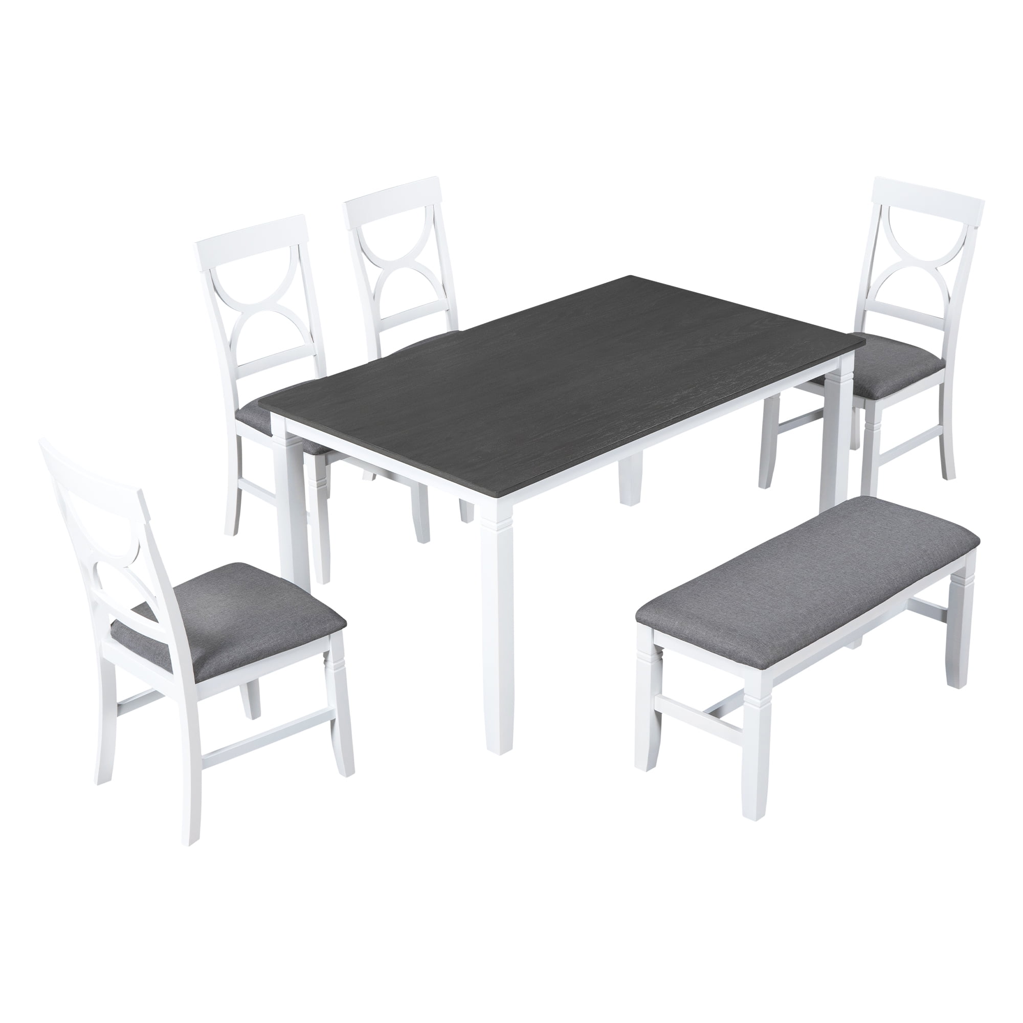 Harper & Bright Designs Farmhouse 6 Pieces Dining Table Set for 6, Solid Wood Kitchen Table Set with 4 Upholstered Chairs and Bench, White