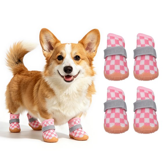 Uxcell 2 Pairs Dog Shoes, Non Slip Dog Boots for Paws Mesh Breathable Pet Paw Protector with Adjustable Strips for Outdoor Walking/Running/Indoor(Size 4, Check Pink)