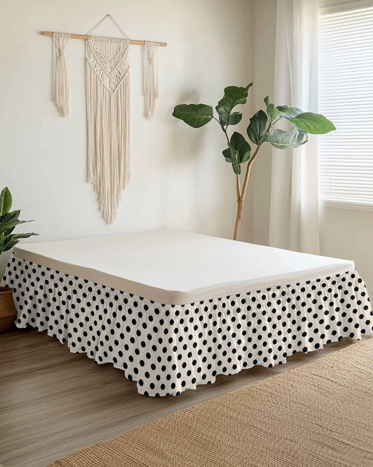 Wave Point Black Wrap Around Bed Skirts for Queen Bed 18" Drop,Bed Skirt with Adjustable Elastic Belt Dust Ruffle Bed Valance for Bedroom Hotel Modern Minimalist Geometric on Linen Bed Frame Cover