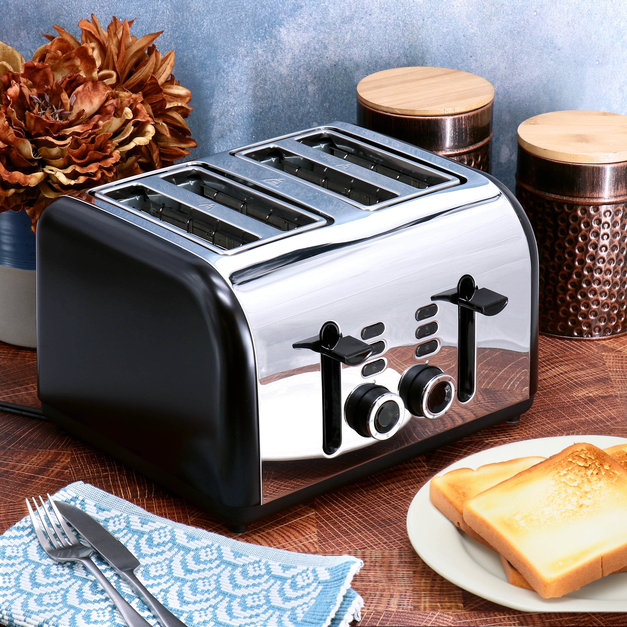 Redmond 4-Slice Wide Slot 1400W Stainless Steel Toaster in Black