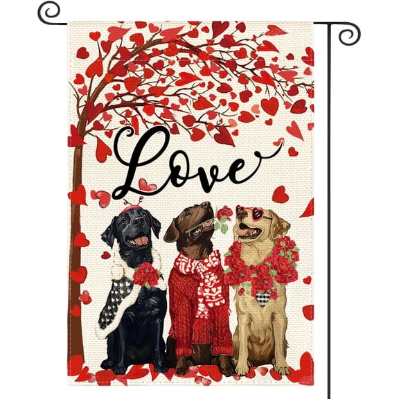 Valentines Day Rose Wreath Dog Garden Flag 12x18 Inch Double Sided Love Heart Anniversary Yard Outdoor Flag
