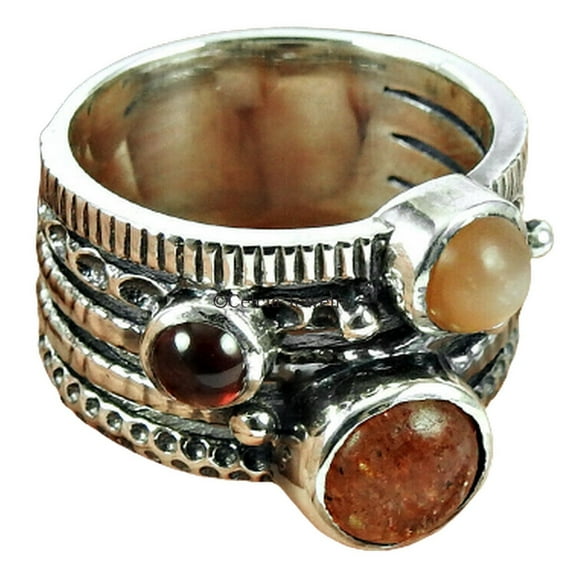 Solid 925 Sterling Silver Ring, Sunstone, Garnet & Opal Gemstone Ring, Designer Spinner Ring, Multiple Stone Ring, Anxiety Ring, Classic Ring, Valentines Day Gifts For Him, Her (8.25)