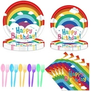 BMOUO 120 Pcs Rainbow Birthday Party Tableware Set, Party Table Decorations Supplies Include 7 Inch and 9 Inch Paper Plates, Napkins and Forks Spoons for 24 Guests
