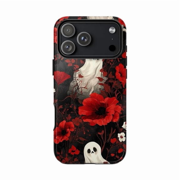 Cute Ghost & Red Poppy Phone Case, Dark Floral Spooky Aesthetic Cover for iPhone 17 16 15 14 13 12 11 Pro Plus Mini
