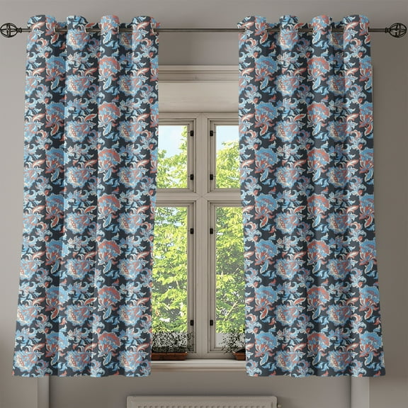 Ambesonne Floral Grommet Curtain, Retro Folk Blossoms, 50" x 54", Charcoal Grey Coral Blue