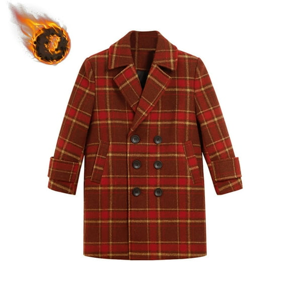 BFHHYA Boys' Plaid Quilted Wool-Blend Coat Notched Collar Double Breasted Thick Trench Coat Casual Peacoat for Holiday Outings (1-12Y)