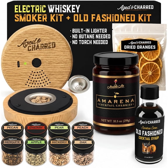 Electric Whiskey Smoker Kit - Whiskey Gifts for Men Dad - Premium Amarena Cherries, Syrup, Orange Dried Slices and 8 Flavors Wood Chips - Old Fashioned Cocktail Smoker kit