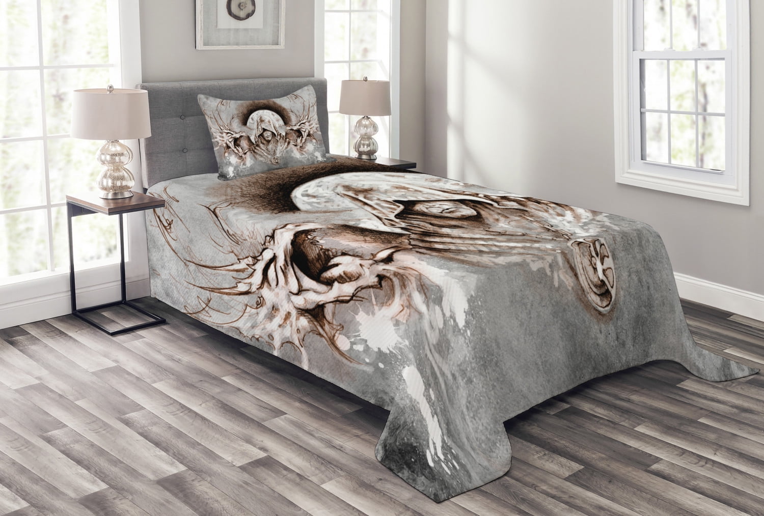 Dragon Bedspread Set Twin Size, Monk Witch on Tree Branches Background