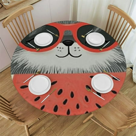 Sloth Eating Watermelon Round Tablecloth with Elastic Fitted Tablecloth