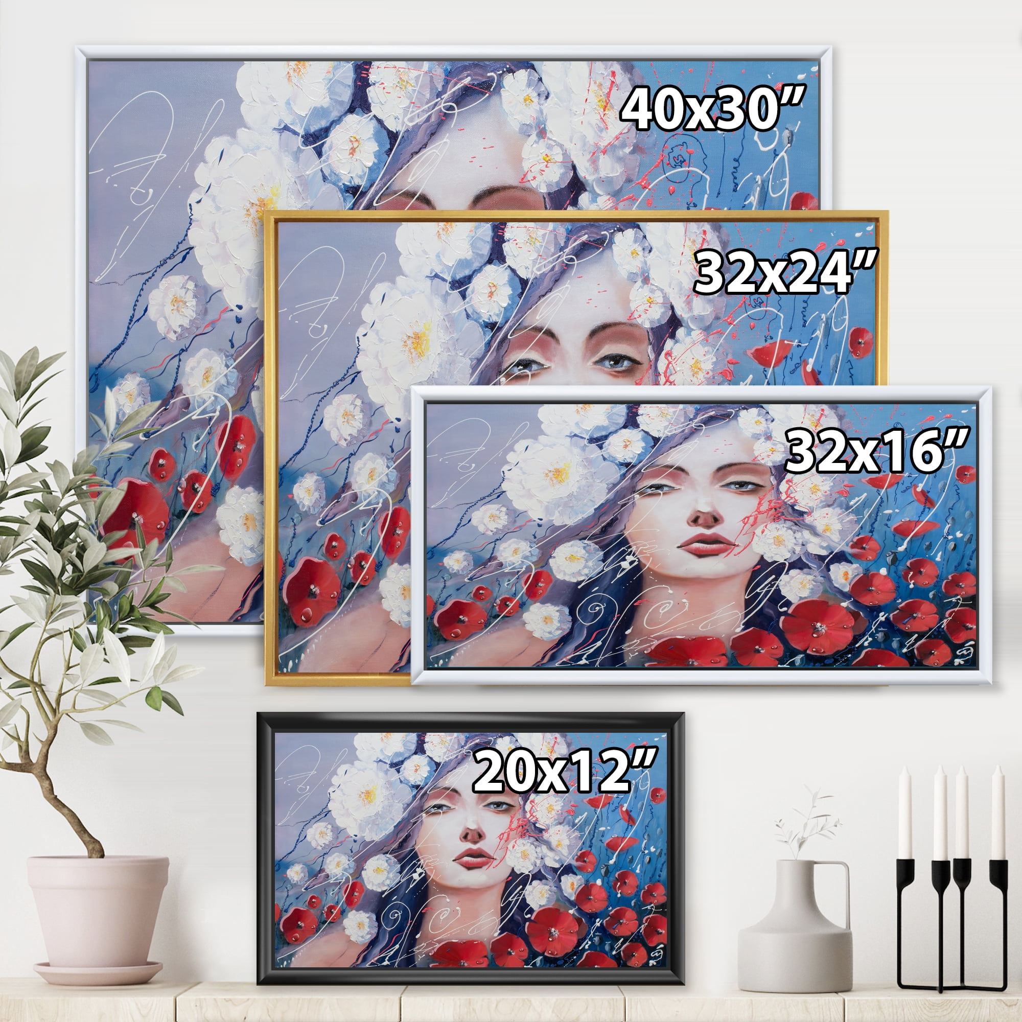 Designart 'Portrait Of A Young Lady With Red & White Flowers' Traditional Framed Canvas Wall Art Print