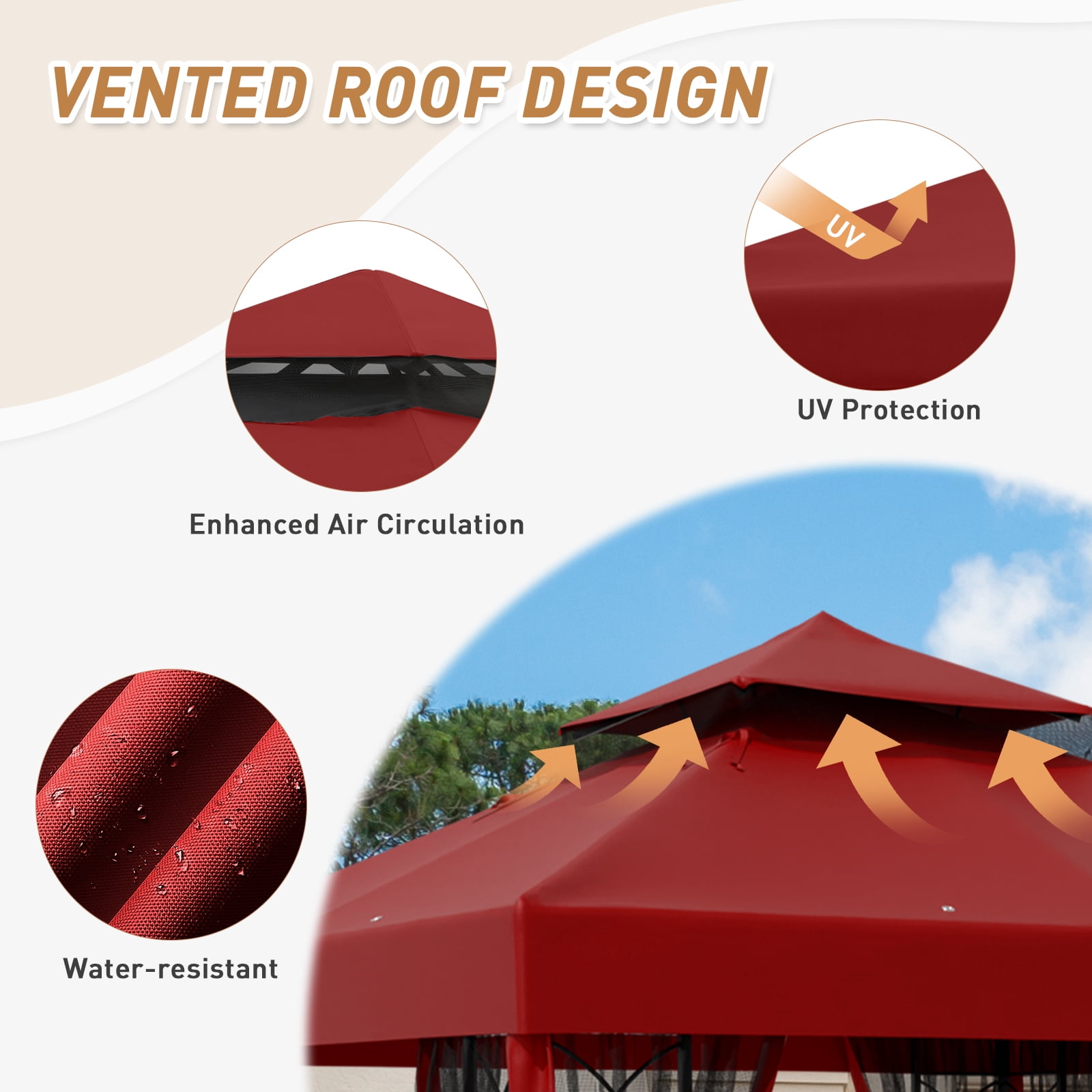 INTER HUT 8x8 Metal Patio Double Soft Roof Gazebo Outdoor Canopy Tent with Netting, Ceiling Hook, Shelves