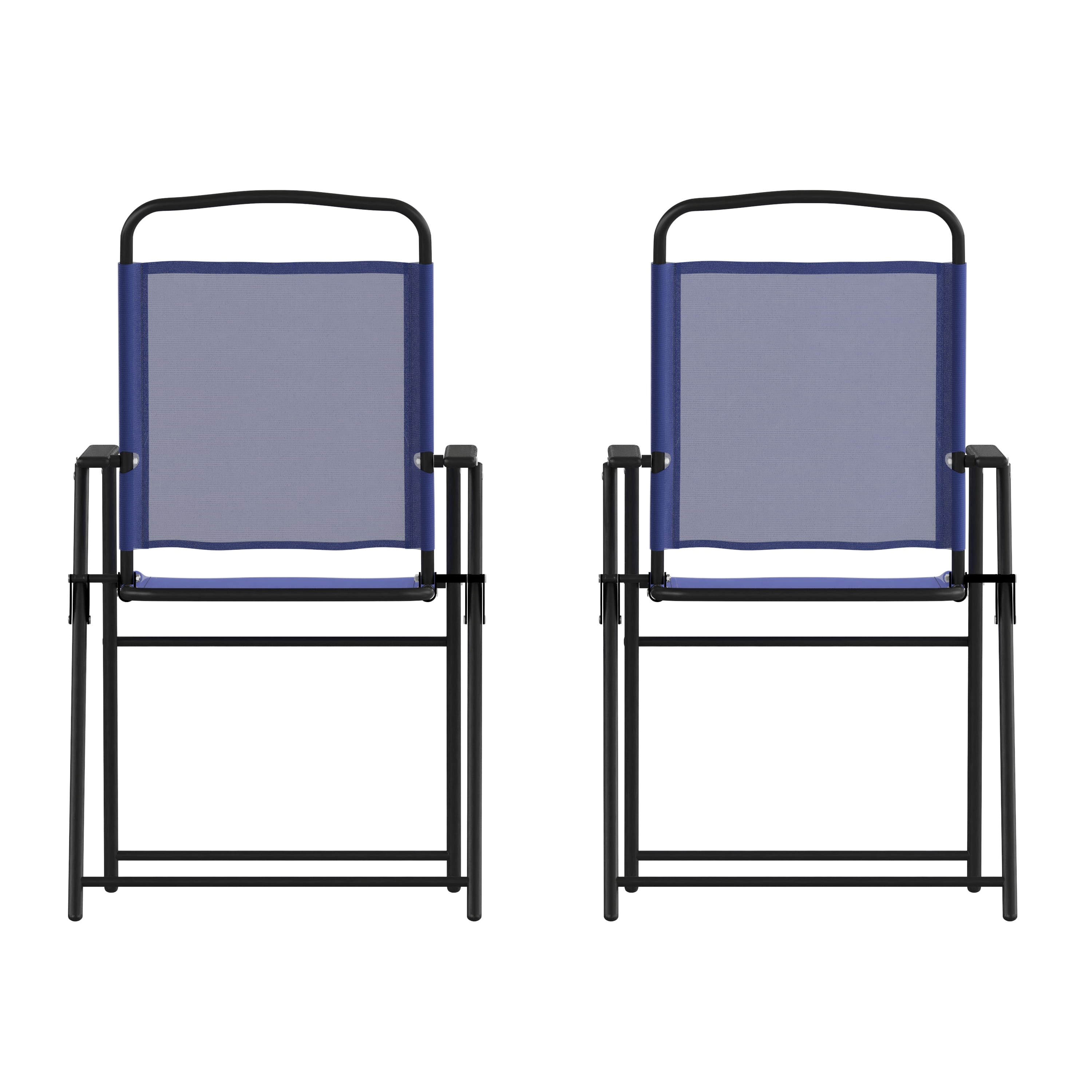 BizChair Set of 2 Folding Patio Sling Chairs, Outdoor Textilene Lawn Chairs with Armrests in Navy