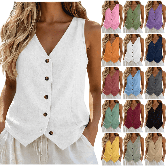 Inverlee Solid Color Sleeveless Vests for Women V Neck Button Front Casual Tops Lightweight Daily Shirts White S
