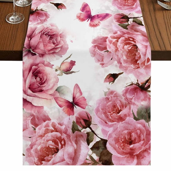 Table Runners 72 Inches Long Dress Scarves, Pink Roses Farmhouse Kitchen/Dining Table Runner, Coffee Tablerunners, Spring Floral Elegant Pastoral Butterfly 14x72 Inch